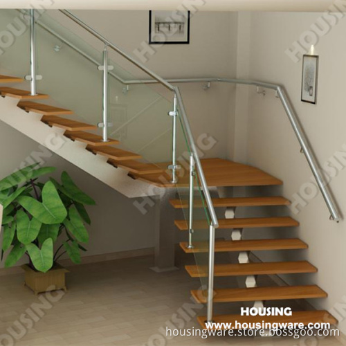 Solid Wood Tread Staircase with Stainless Steel Handrail